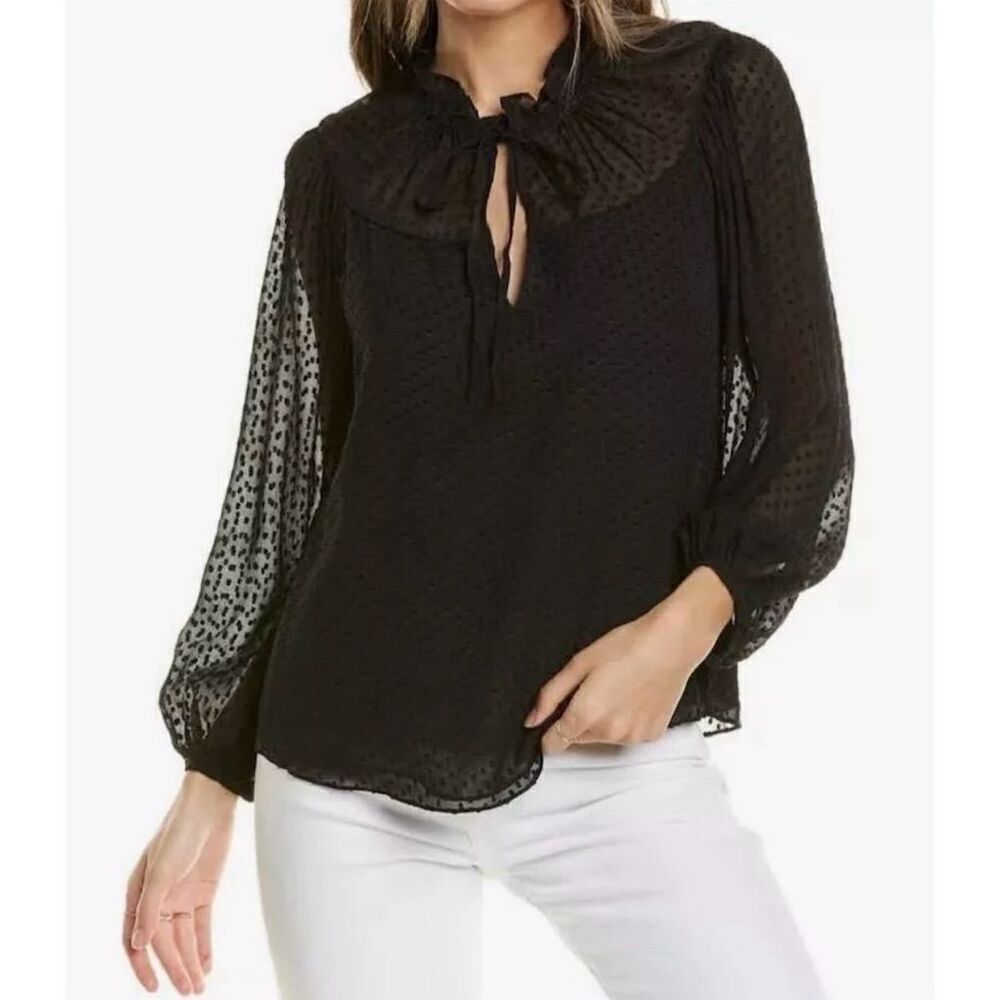 Rebecca Taylor Women's Long Sleeve Clip Dot Black Size 10 Tie Neck Blouse